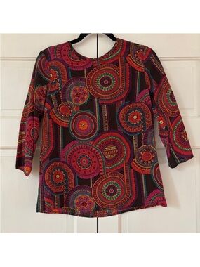 Trina Turk 3/4 Sleeve Shirt Small Abstract Floral 100% Silk Retro 70s 90s Club‎